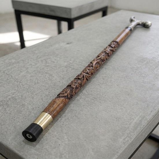 Hand Carved Wooden Walking Cane with Engraved Brass Handle Floral Walking Stick