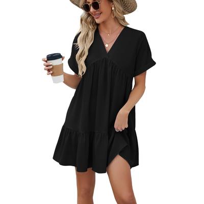 Damenmode Sommer Frühling Einfarbig Druck Kurzarm V-Ausschnitt Lose Taille Freizeitkleider