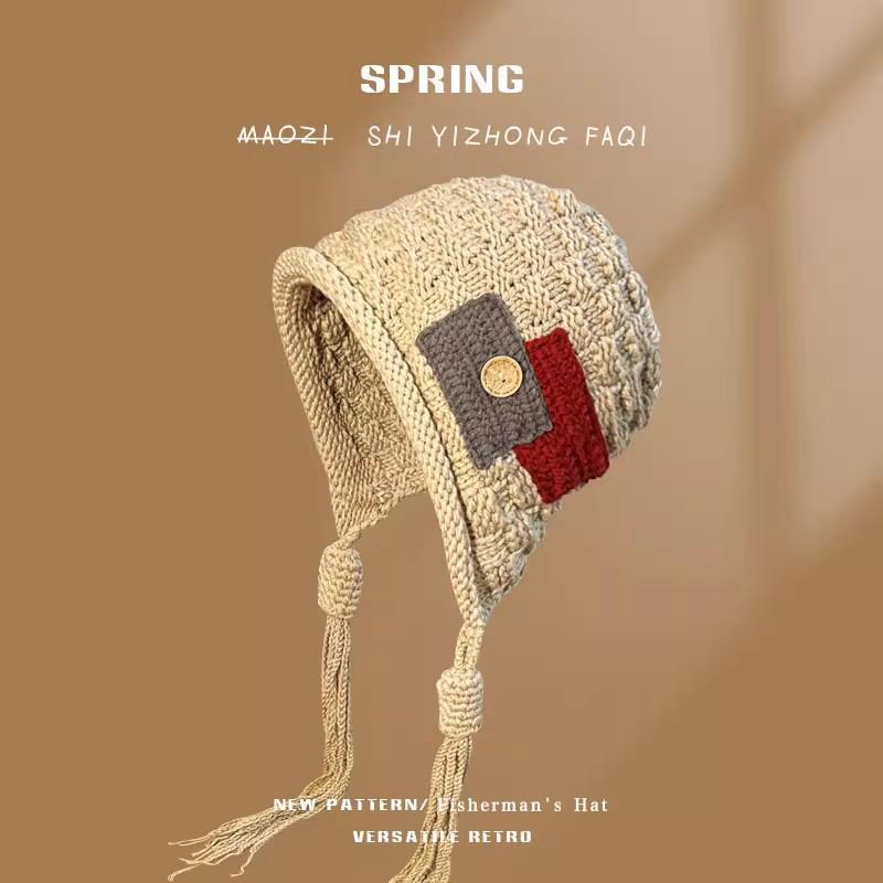 Trendy fringed warm hat women's autumn and winter handknitted pullover wool hat versatile ear protection hat tide