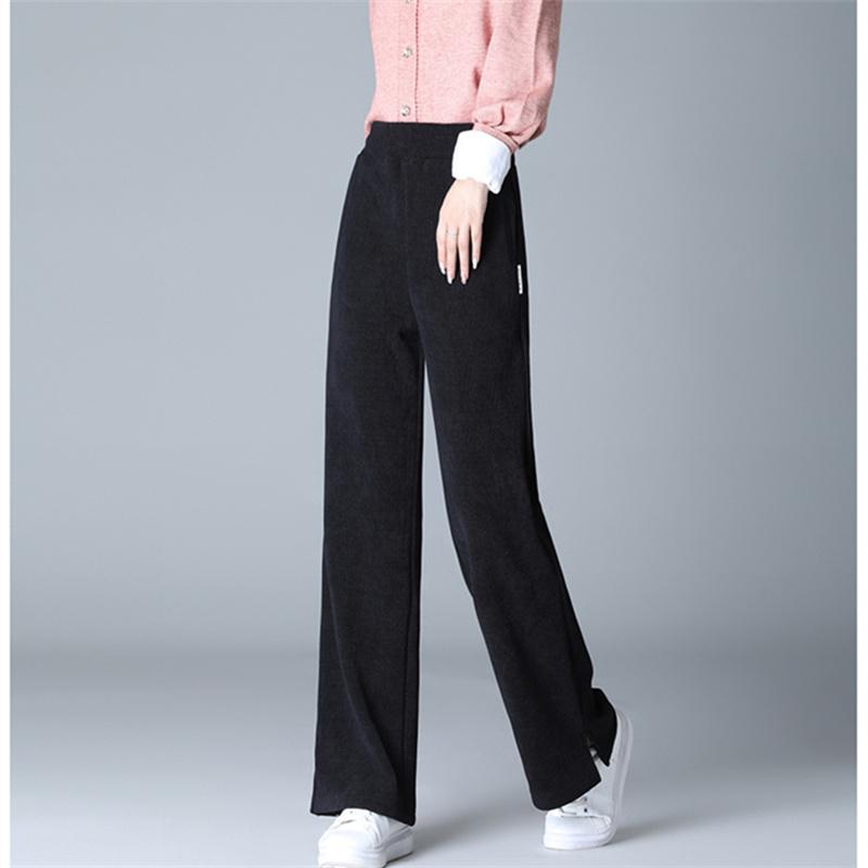 Herbst Winter Frauen Verdickung Warme Elastische Hohe Taille Solide Vintage Lose Beiläufige Mode Weibliche Gerade Hosen Woolen Hosen