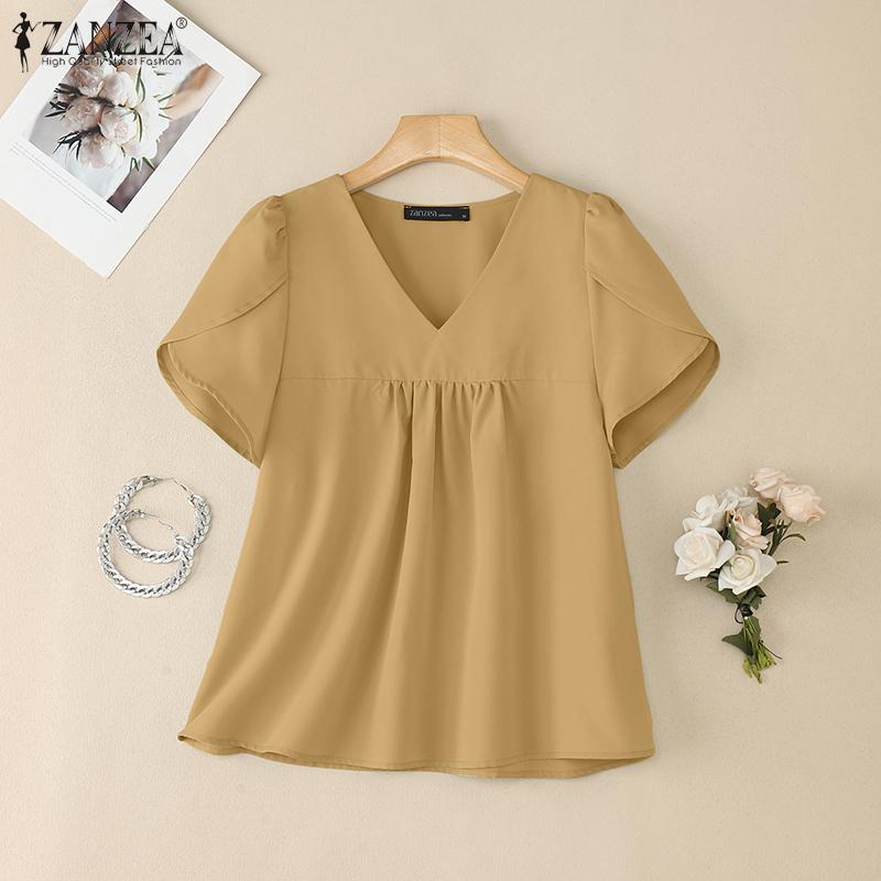 ZANZEA Dámská letní ležérní halenka s krátkým rukávem a výstřihem do V