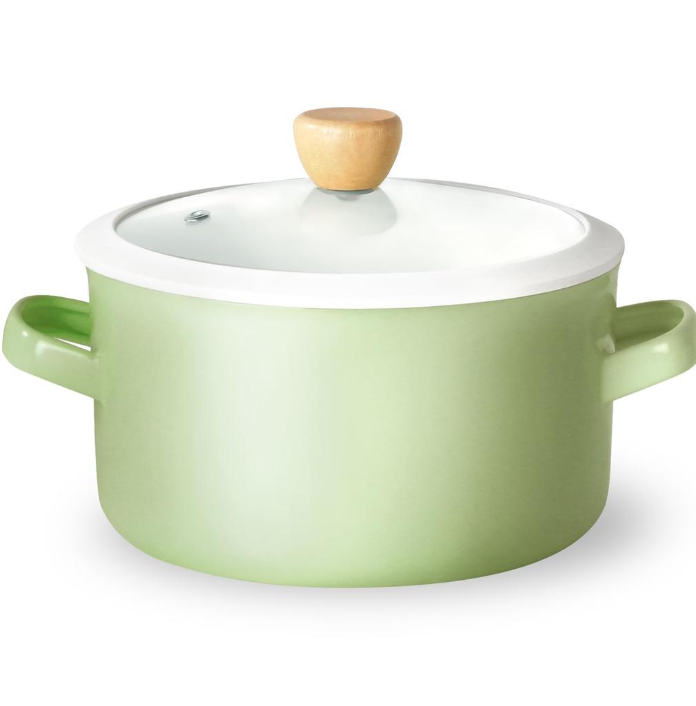 atRise 18cm enamel pot with lid that lets you see the for one induction compatible and contents, person, gas, (white green)
