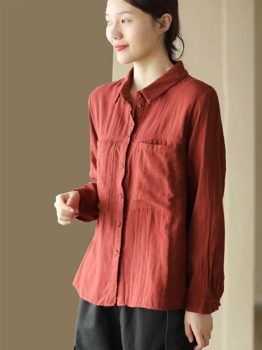 

Johnature Vintage Длинные рукава Отложной воротник Свободная однобортная рубашка Женская Осенняя нишевая однотонная рубашка в складку One Size красный