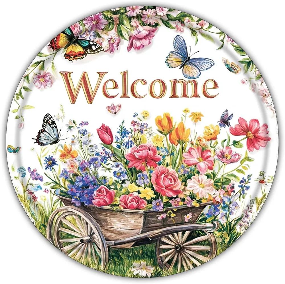 Retro Wild Flowers Butterfly Tin Sign 20x20cm, Rustic Aluminum Wall Art