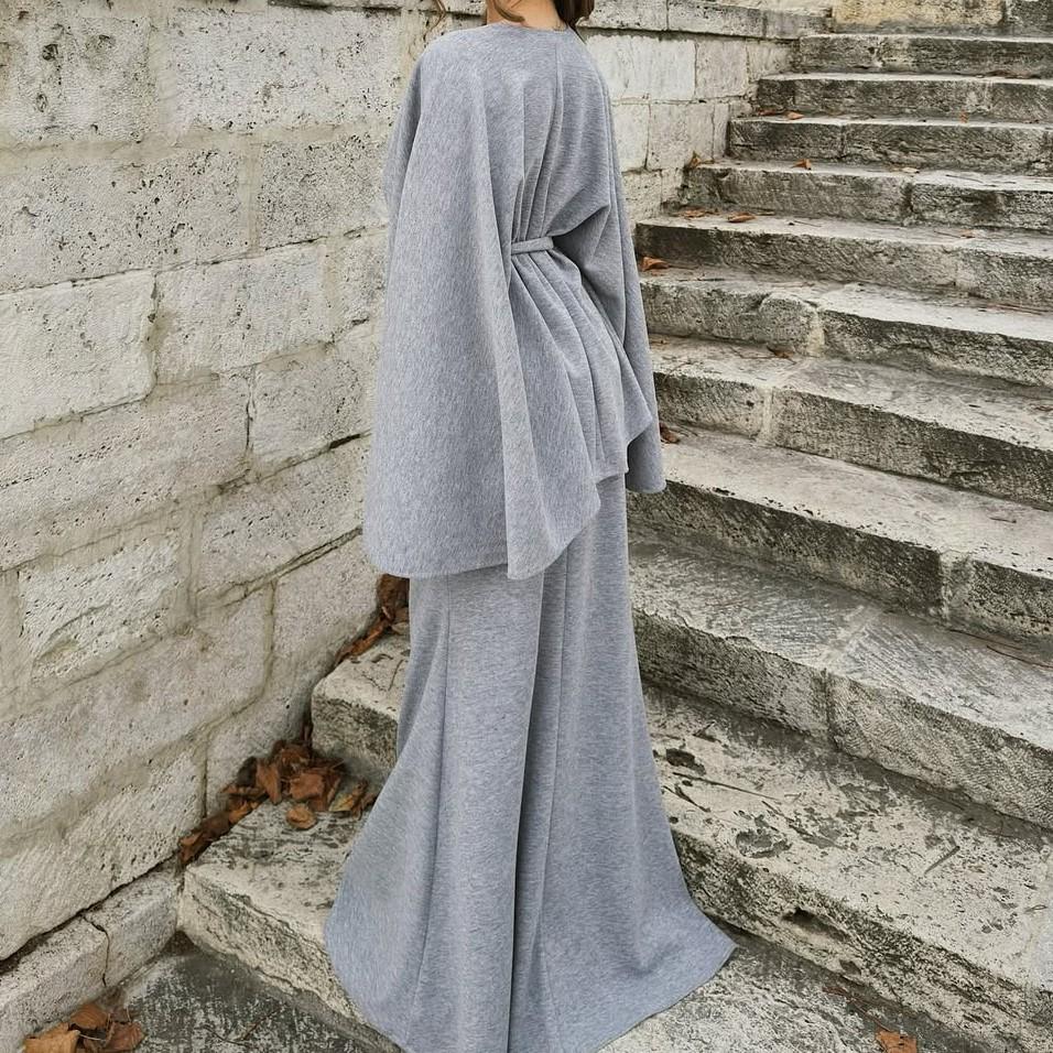 European and American Autumn/Winter Long Loose Cardigan & V-Neck Tie-Up Top with Midi Skirt Set