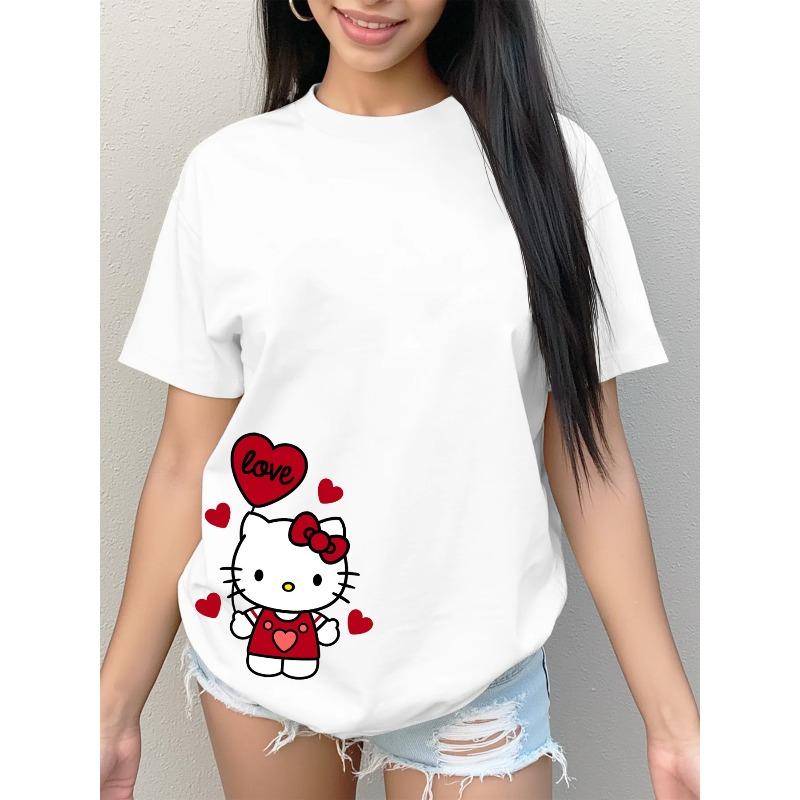 

Women s summer T-shirt, casual and modern style, printed with Hello Kitty pattern, cute and simple. XXS