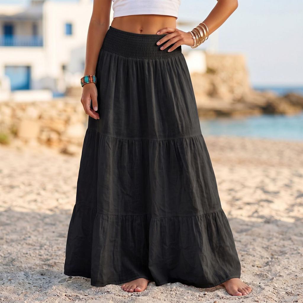 Women's High Waist Cotton Linen Beach Skirt - Color Patchwork Midi Skirt for Summer