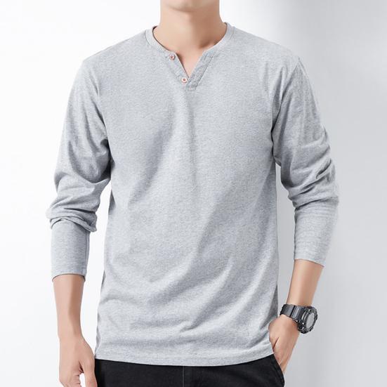 Men Fall Spring Top Buttoned V Neck Long Sleeves Pure Color Loose Pullover T-shirt Daily Wear Sport Homewear Clothes