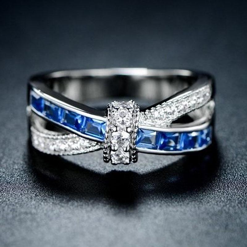 

Silver Zircon Blue Rings Women Fashion Cross Hand Jewelry Gifts Decorations No.6