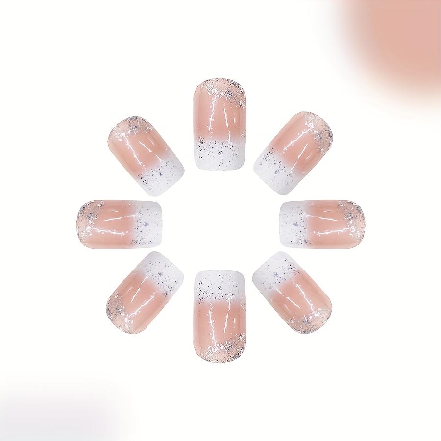 24pcs Medium Long Shiny Square Sparkling White French Style Wearing Nail, Gentle and Sweet Fake Nail, Women's Bridal Nail Art