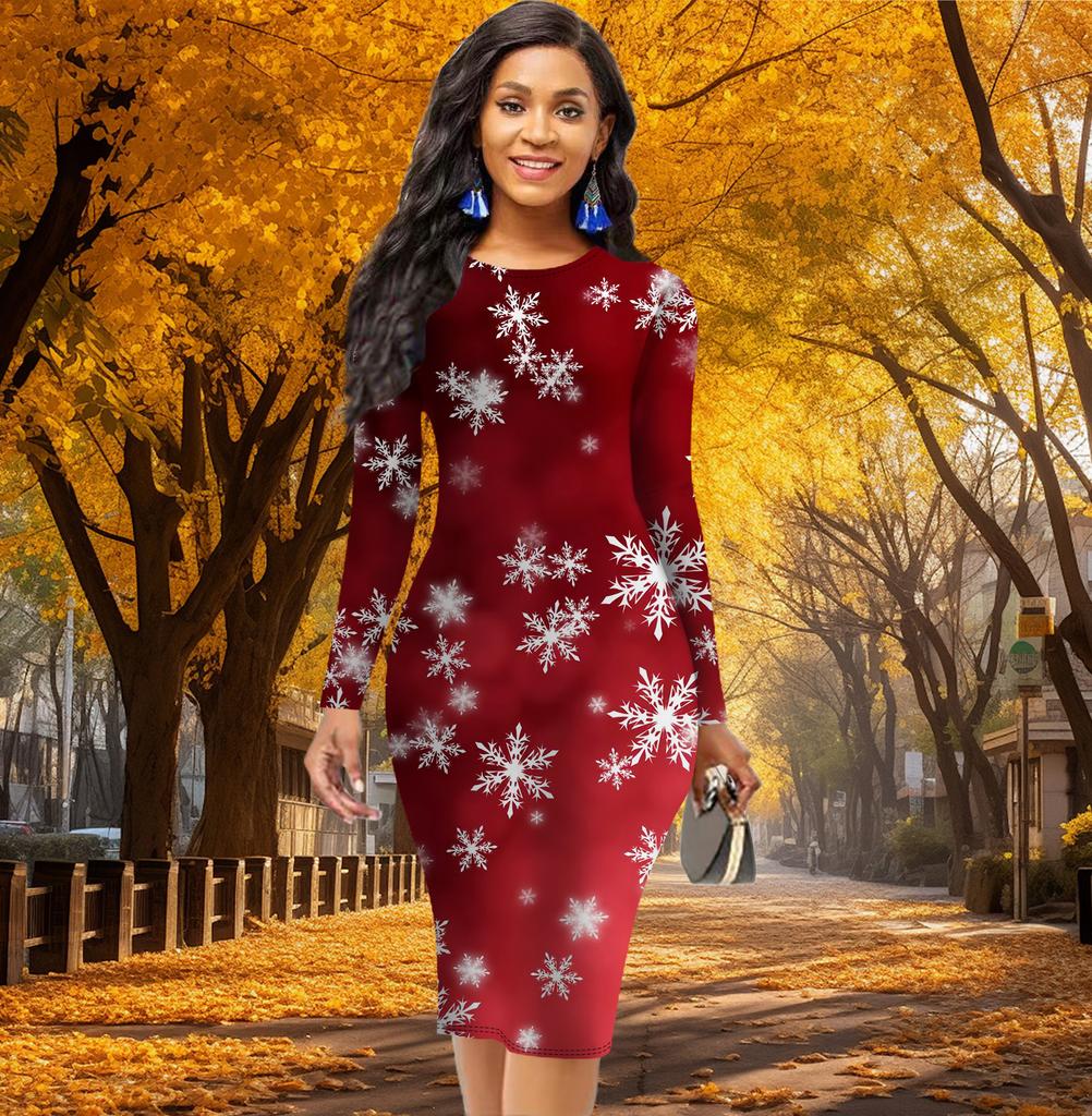 Long Sleeve Waist Tight Office Slim Fit Hexagonal Snowflake Printing Elegant Bodycon Dress