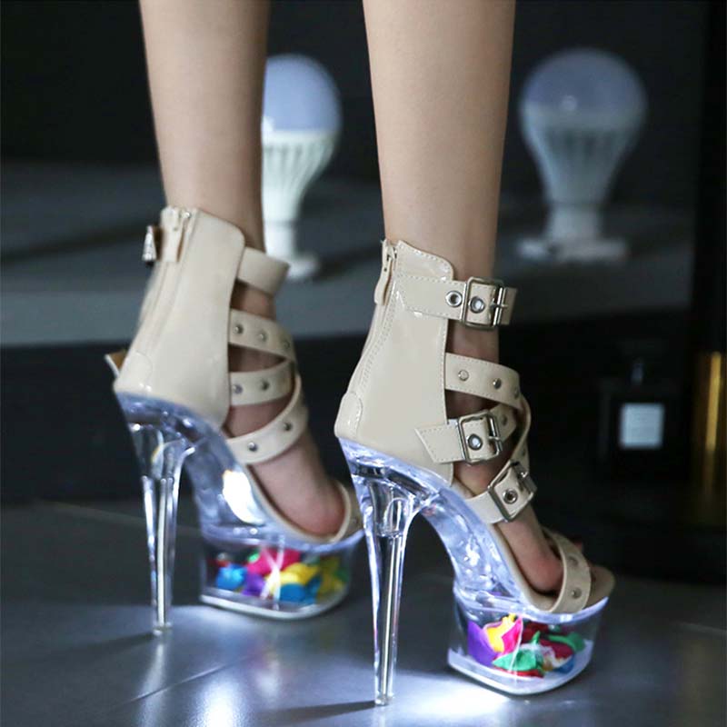 Damesko Luminous Rivet Pull ROMAN SANDALS Rasksalg Gjennomsiktige høye hæler 13cm hæl 3cm Plattform LFD