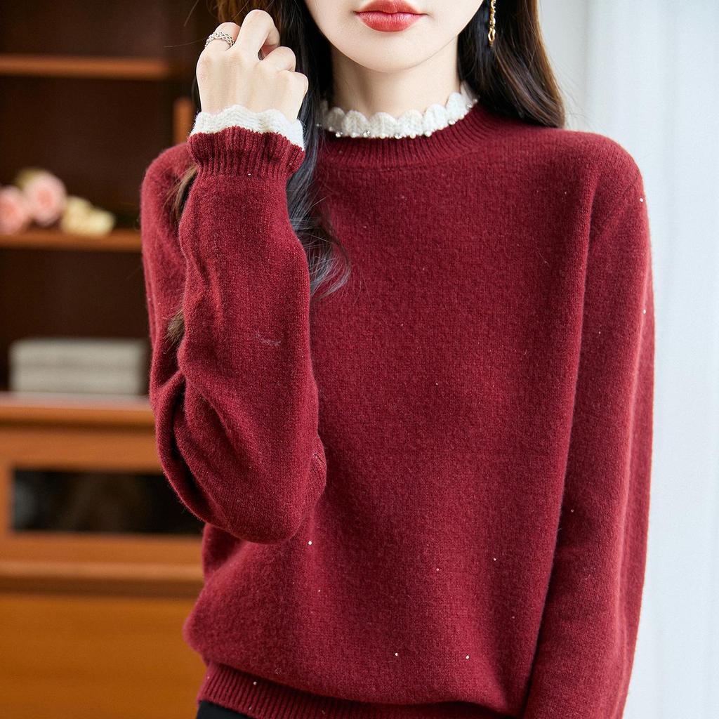 Women's Versatile Crochet Wool Sweater with Half-High Collar - Slimming and Stylish Base Layer Top