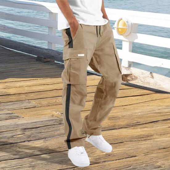 Men Pants with Multi Pockets Drawstring Elastic Waist Wide Leg Loose Cargo