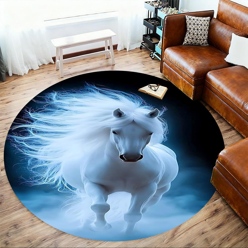 1pc White Horse Fantasy Round Chair mat office Area Rug - Non-Slip, Floor Mat for Office, Bedroom, and Indoor Decor p127004