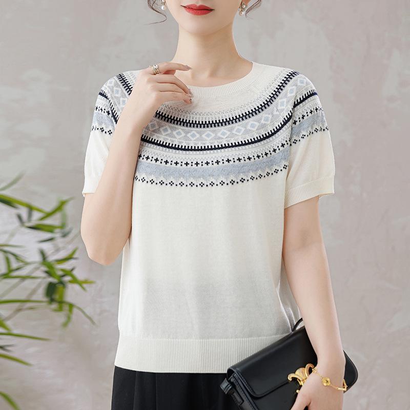 

Mom s Summer Color Block Ice Silk Knit Top - Short-Sleeved Stylish Shirt for Mid-Aged Women 120 бежевий