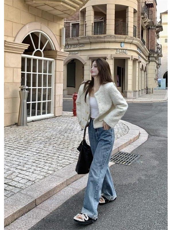 Autumn/Winter 2025 Women's Chic Loose Double-Breasted Denim Long-Sleeve Wool Coat for Petite