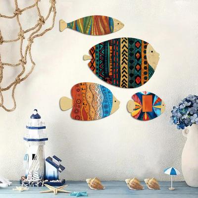 4 Pcs Wood Fish Nautical Wall Decor, Rustic Coastal Ocean Fish Wall Art, Vintage Farmhouse Hanging Beach Decor for Lake House, Bathroom, Entryway
