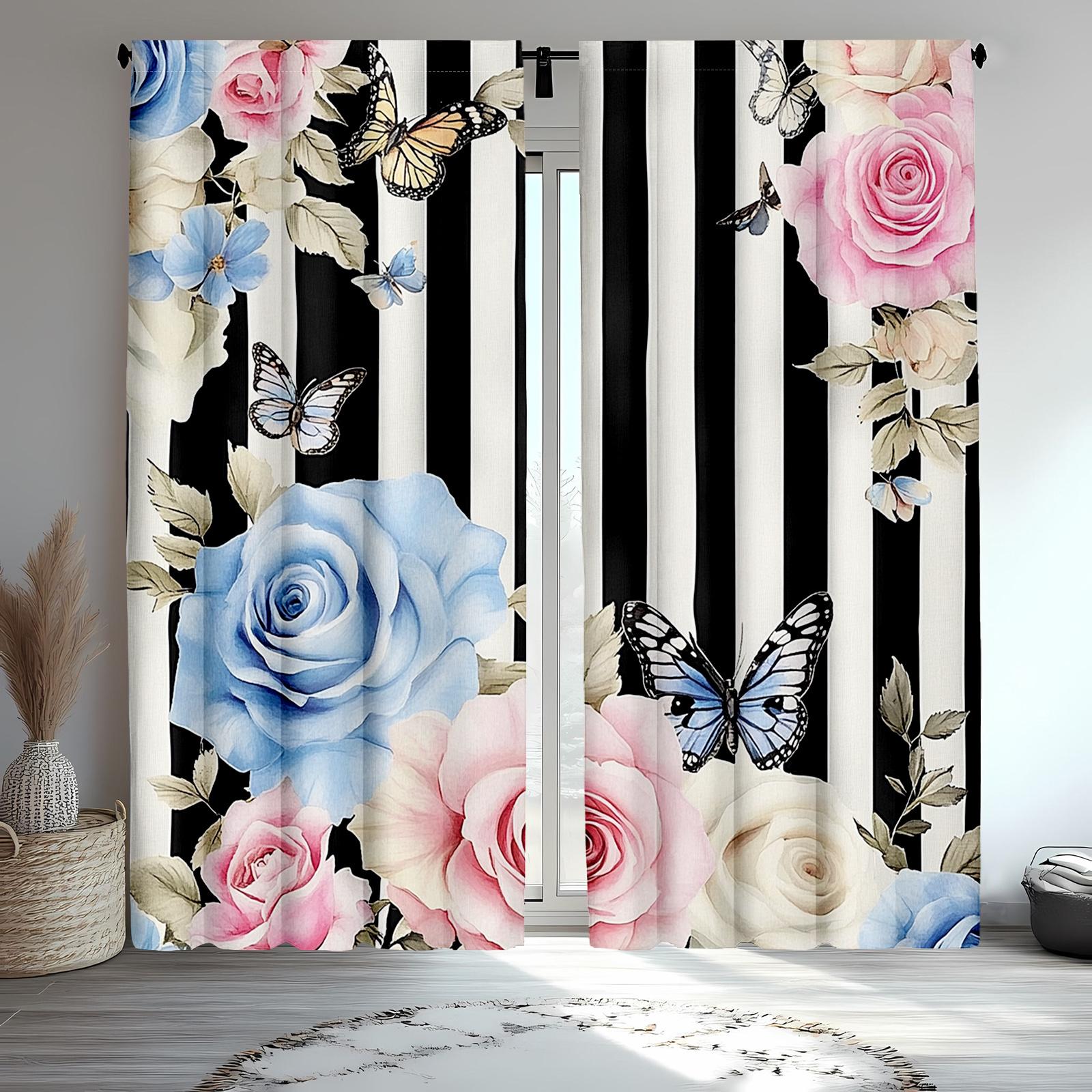 

2pcs Elegant Pink Rose & Butterfly Pattern Curtains Black & White Stripes - Polyester Classic Style for Living Room Decor Cur 100*130 HOOK 1pcs