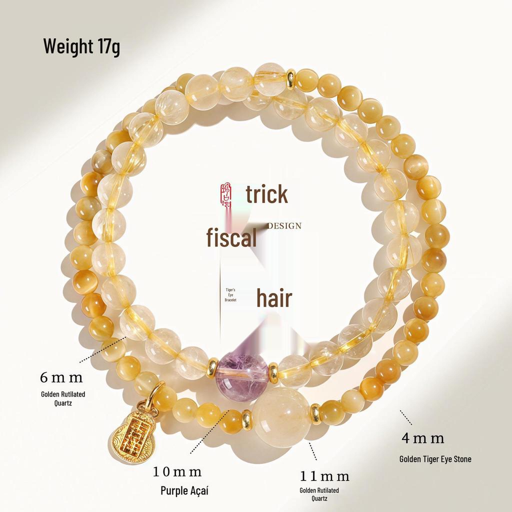 Gelber Rutilquarz & Amethyst Reichtum Anziehungs Armband - Goldenes Tigerauge, Glücksverstärkender Kristall Schmuck für Frauen