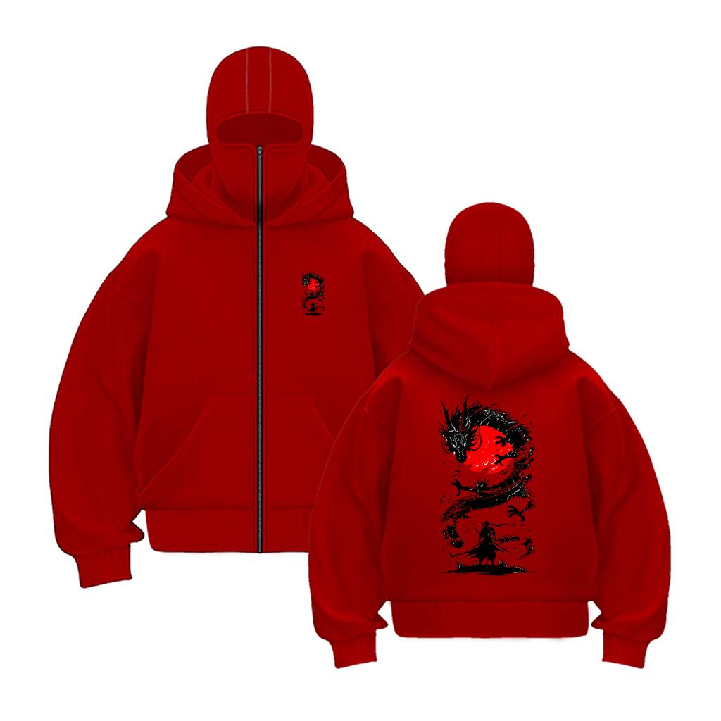 White Dragon With Red Sun And Swordsman Prints Streetwear Man'S  Zipper Hoodies Autumn Sport Hoodie Casual Loose Top