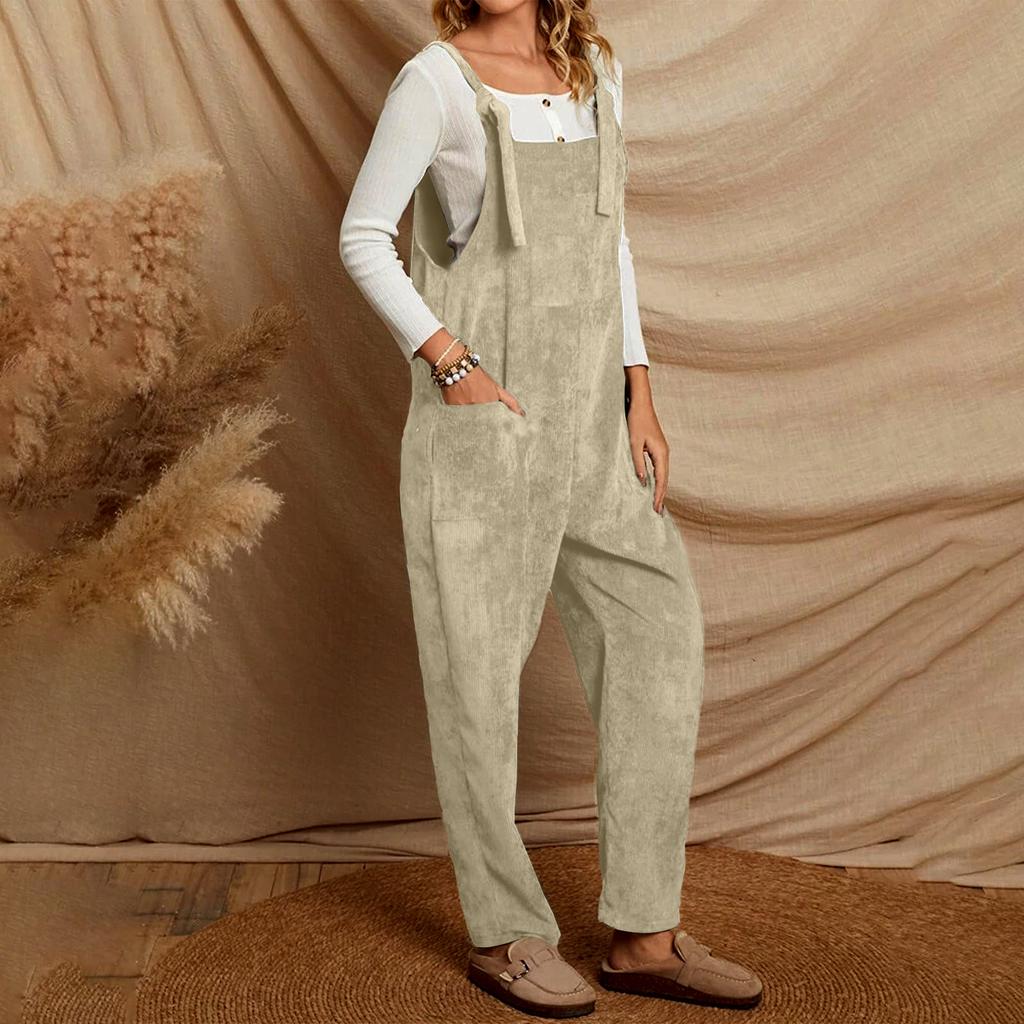 Damen einfarbiger Cord Latzhose mit weitem Bein ärmellose Weste Tasche lässiger Jumpsuit