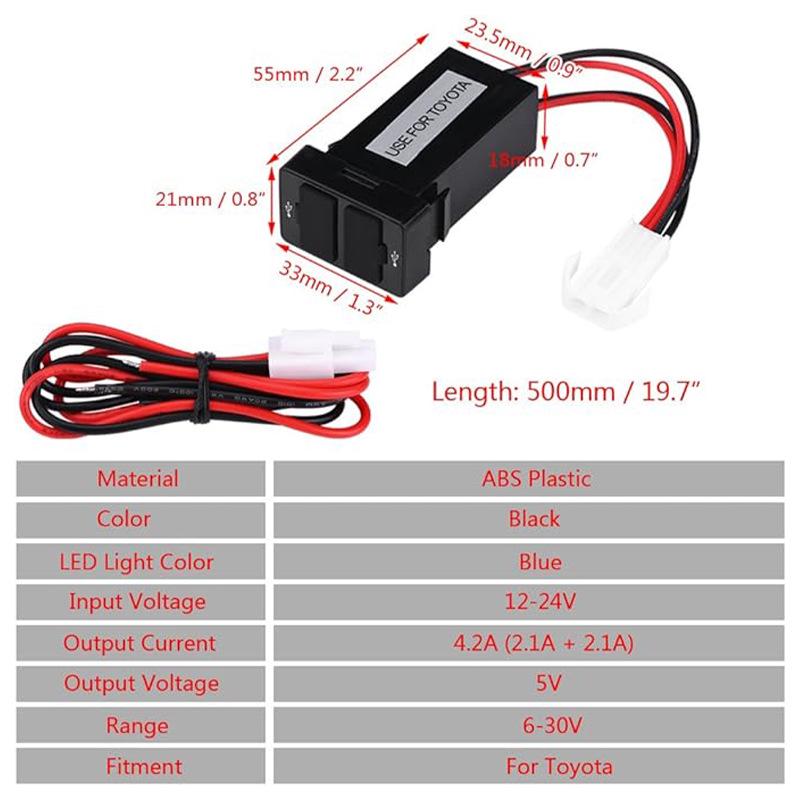 Toyota Dual USB Car Charger with Wiring & Blue Light (3.1A, 32x20mm)