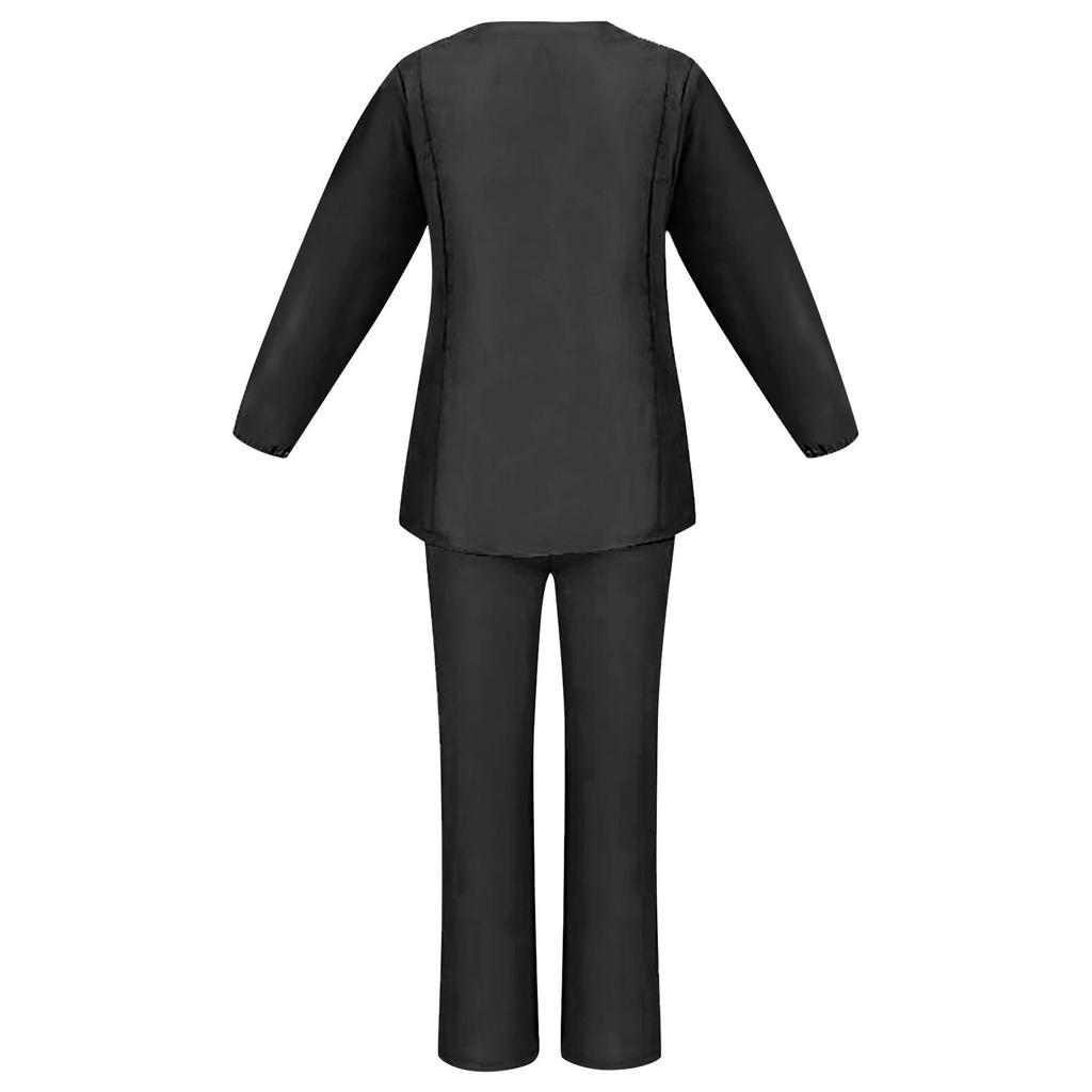 Women's Long Sleeve V Neck Solid Color Chest Pocket Work Top Elastic Waist Pants Two Piece Work Set,3 Pockets,Scrubs Tops For Women