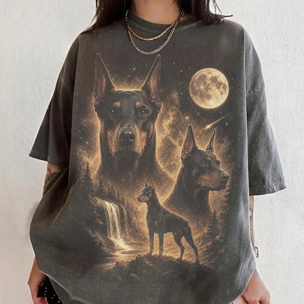Dobermann Heulender Mond Shirt, Vintage Hund Grafik T-Shirt, Retro Individuelle Haustier Geschenke