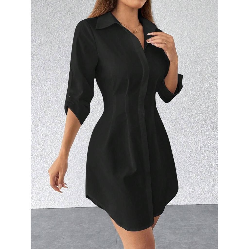 Spring Summer New French British Style Waist Cinched A-Line Solid Color Shirt Dress, Commuter Multi-color Dress