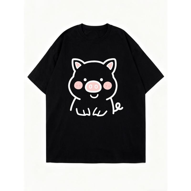 Cute Pig Printed Oversized T Shirt Black Cartoon Pig Design For Casual Wear And Everyday Outfits