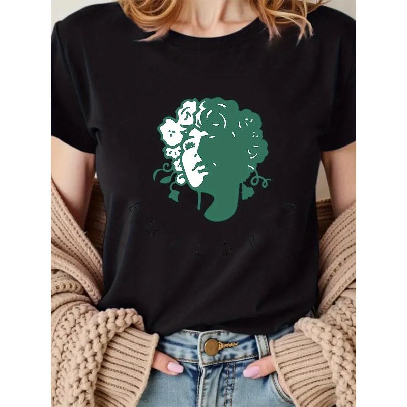 

European Size Women s Vintage Elegant Female Face & Floral Print Round Neck T-Shirt - Short Sleeve Blouse, Medium-Stretch Casual Top, All-Season 4XL чорний