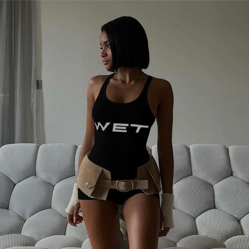 

Jumpsuit Fashion Trendy New Sexy See-through Letters Slimming Printed All-Matching Straight Jumpsuit Tops Black L