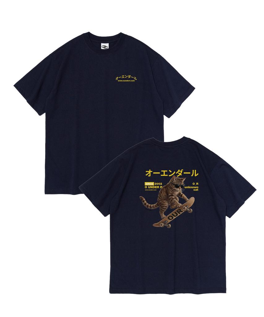 OUNDERR Skate Cat Graphic Short Sleeve T-Shirt (Navy)