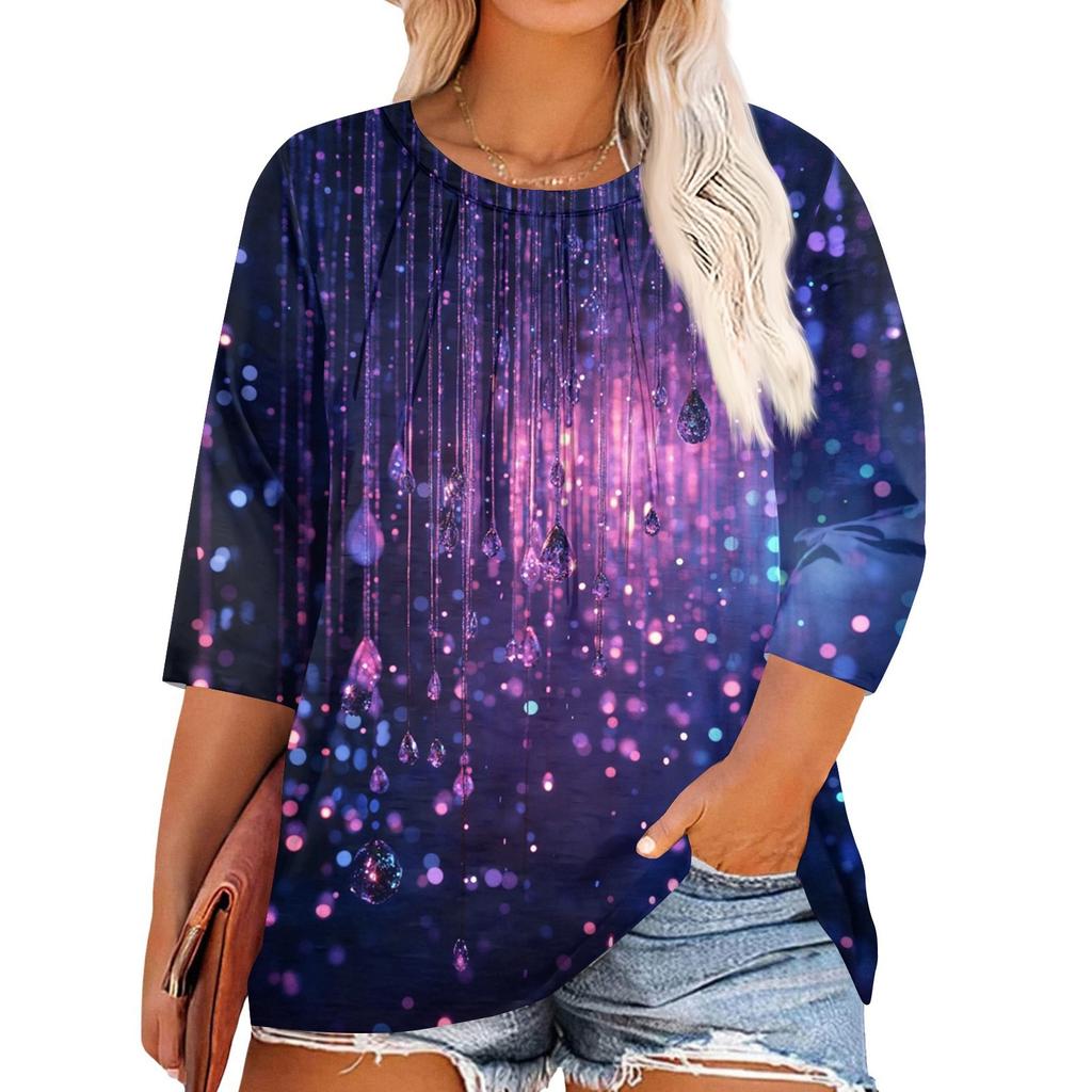 Women's Print Round Neck Plus Size Tops 3/4 Sleeves Elegant Shirt Tops