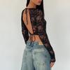 Women Long Sleeve T-Shirts Tie-Up Backless Lace Shirts Spring Fall Slim Fit Tops Streetwear