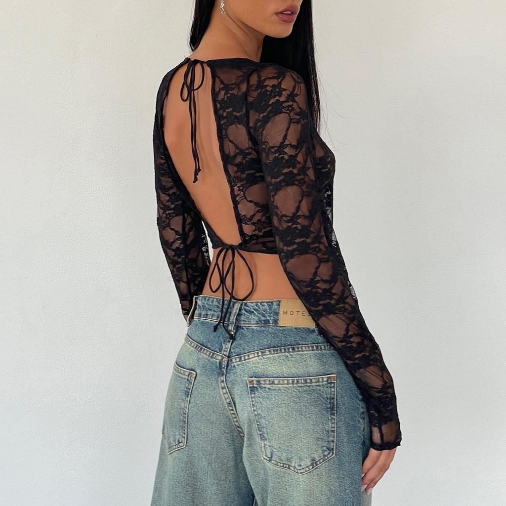 Women Long Sleeve T-Shirts Tie-Up Backless Lace Shirts Spring Fall Slim Fit Tops Streetwear