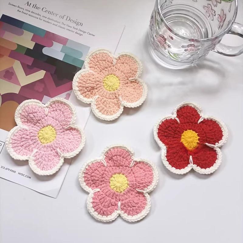Flower Crochet Coasters Handmade Cute Coasters Knitted Drink Coaster Coffee Cup Mat Home Office Desktop Decoration Creative Gift
