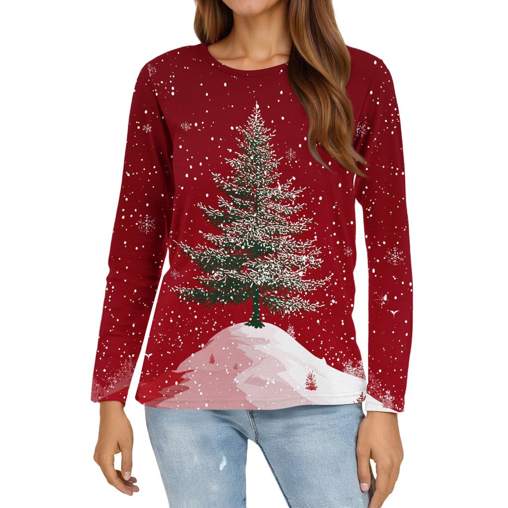 Women's Fashion Casual Slit Hem Round Neck Long Sleeve Loose Christmas Printed T-Shirt Ladies Top