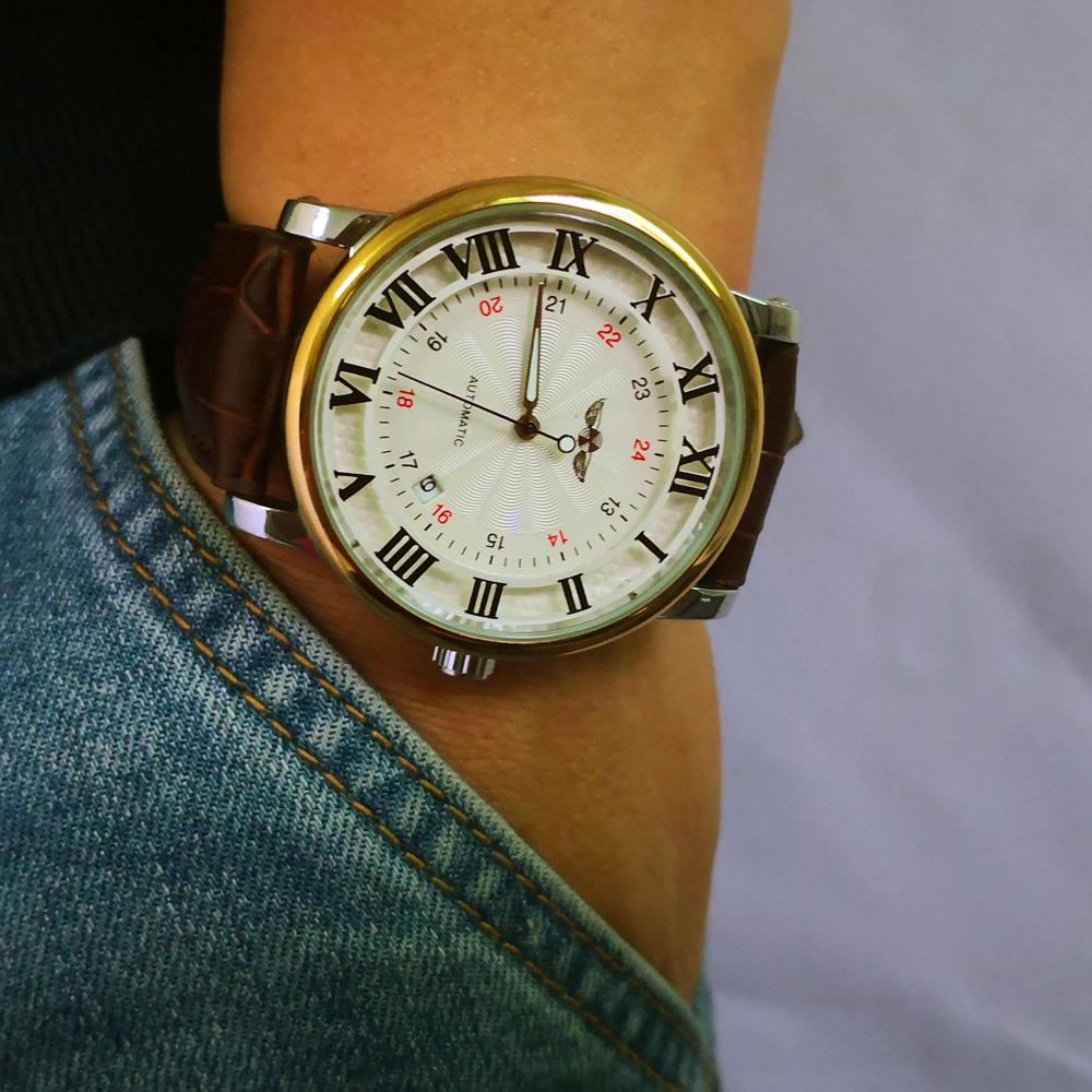 Relogio Relojes New Fashion Rose Gold Watches Day Date Automatic Self Wind Leather Strap Men's Watches Mechanical Watches