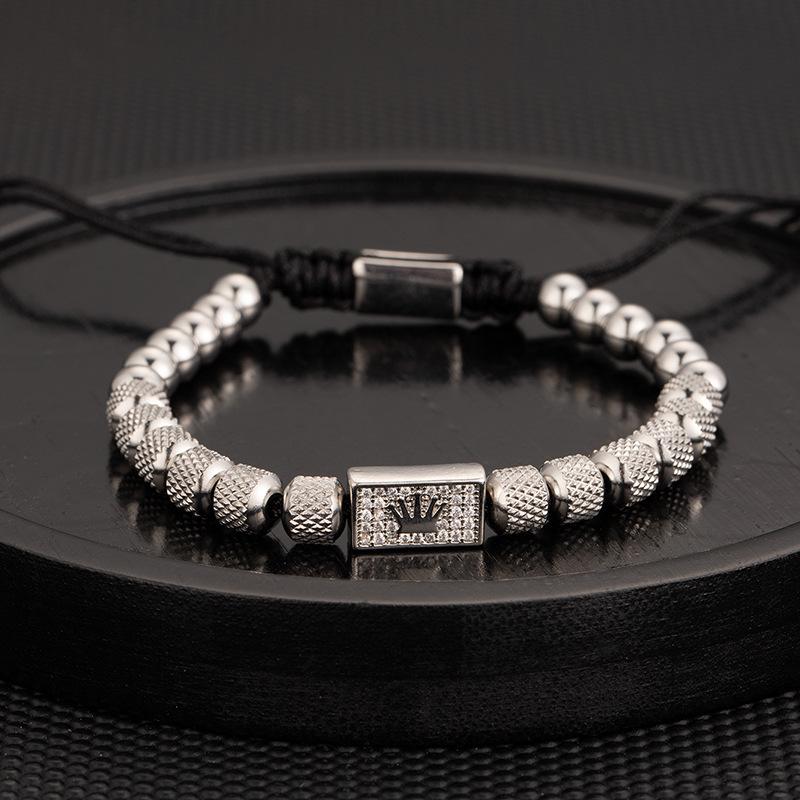 Men's Adjustable Braided Hip Hop Bracelet with Retro Copper Crown, Pineapple Beads, and Vacuum-Plated Titanium Steel.