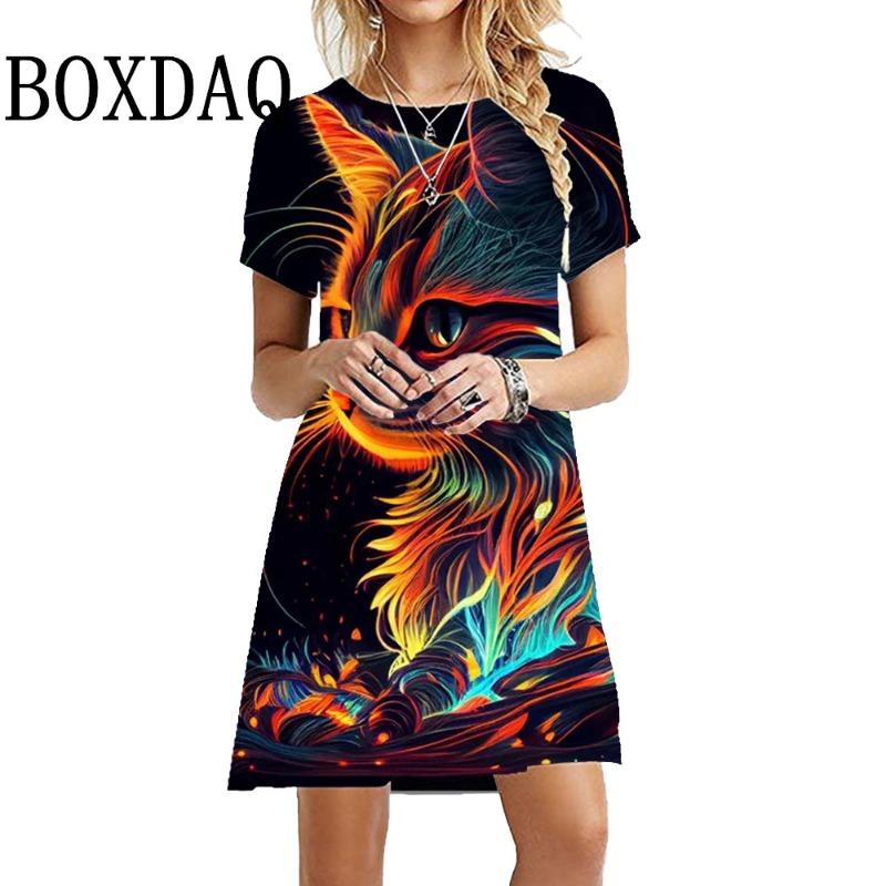 Oversized Short Sleeve Dress Summer O-Neck Women'S Dress Loose Kawaii Painting Cat Print Dress Harajuku Streetwear Hip Hop Dress