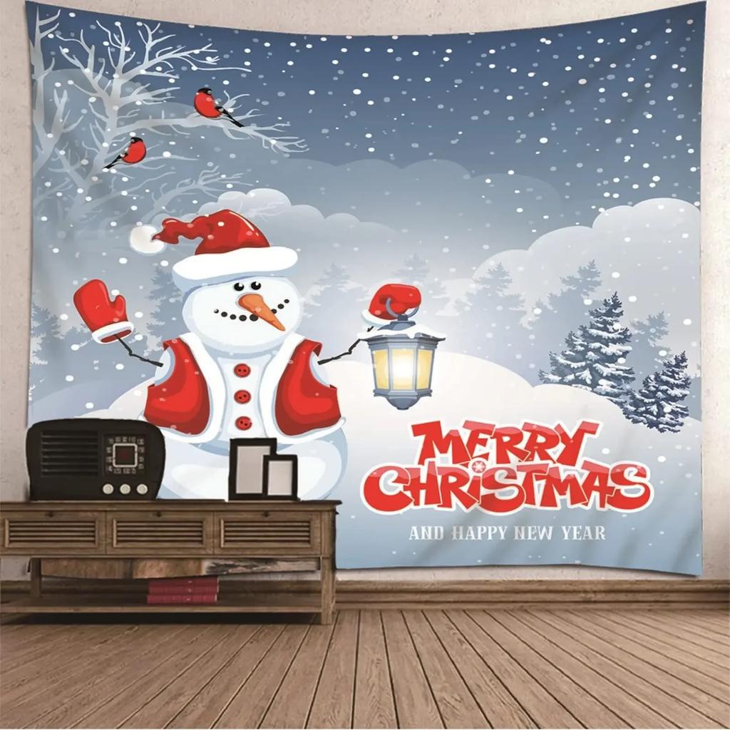 Snowman Snowflake Merry Christmas Tapestry New Year Winter Party Tapestry Wall Hanging Decor for Home Living Room Bedroom Dorm