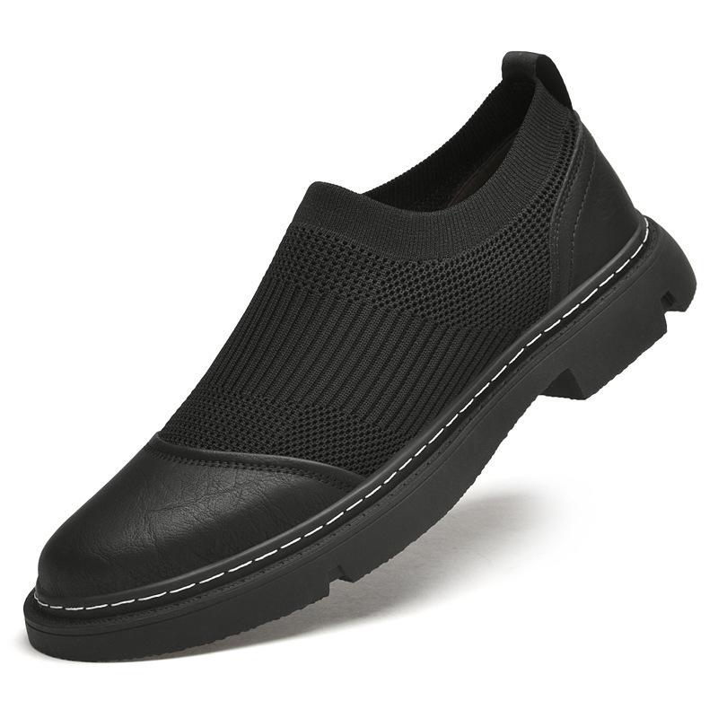 Men's Breathable Knit Mesh Slip-on Loafers - Spring/Summer Casual Low-top, Patchwork Design, Hidden Height Boost, Leather Details