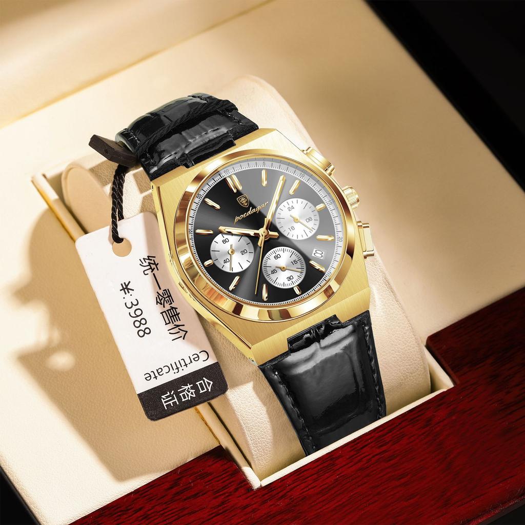 POEDAGAR 970 Fashion Date Quartz Watch Waterproof Luminous Hands Chronograph Reloj Stainless Steel Leather Business Wristwatch