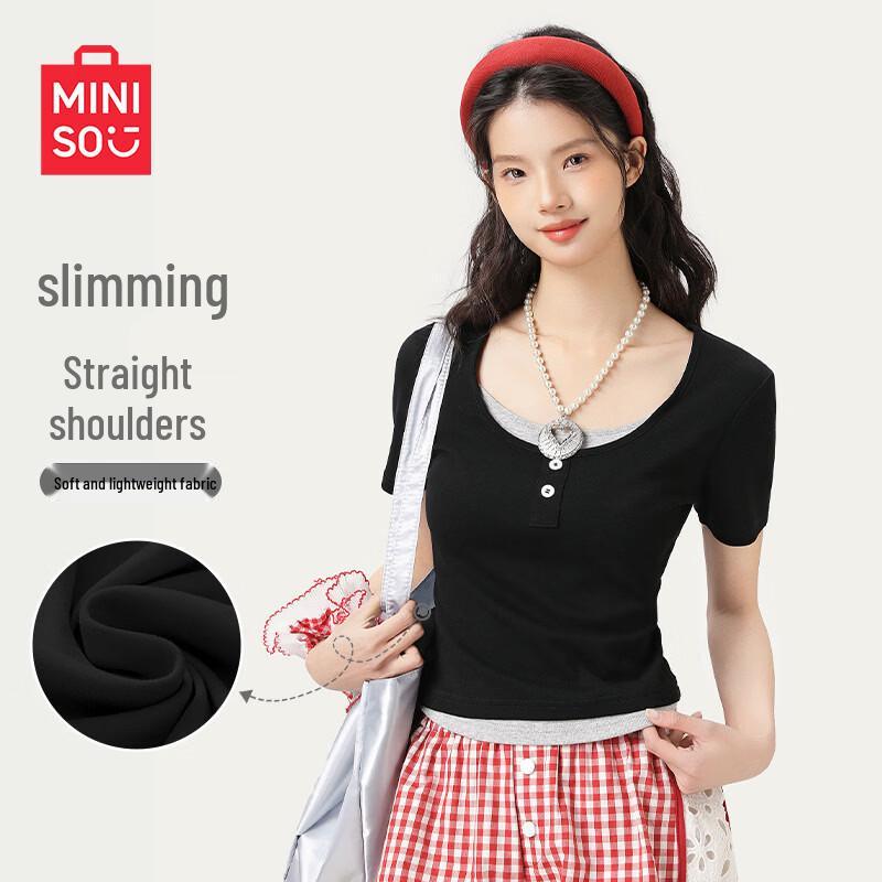 

MINISO Women s Faux Two-Piece Short Sleeve U-Neck Top XL