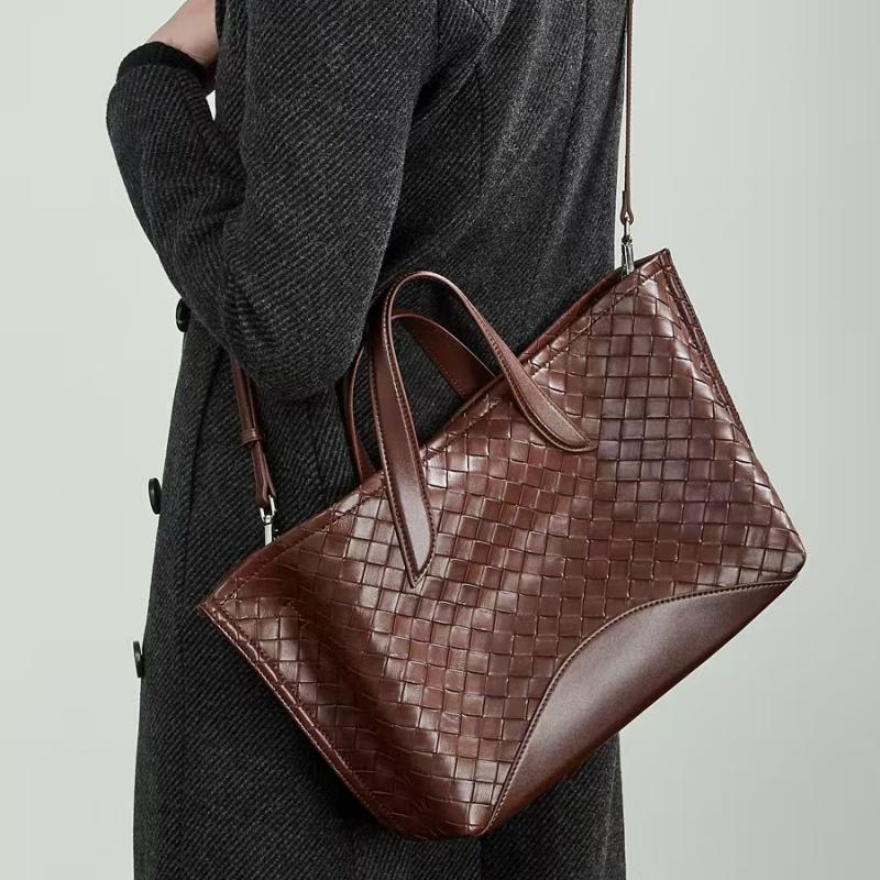 Genuine Leather Handwoven Double-Sided Leather Tote Bag Women's Street Style Trendy Basket Handbag Large Size Crossbody Bag