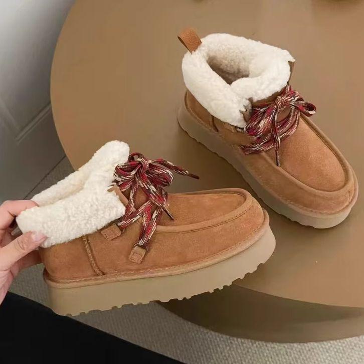 Winter New Snow Boots Thick Bottom Fukara Strap Sheepskin and Fur Integrated Snow Boots Wool Strap Short Boots