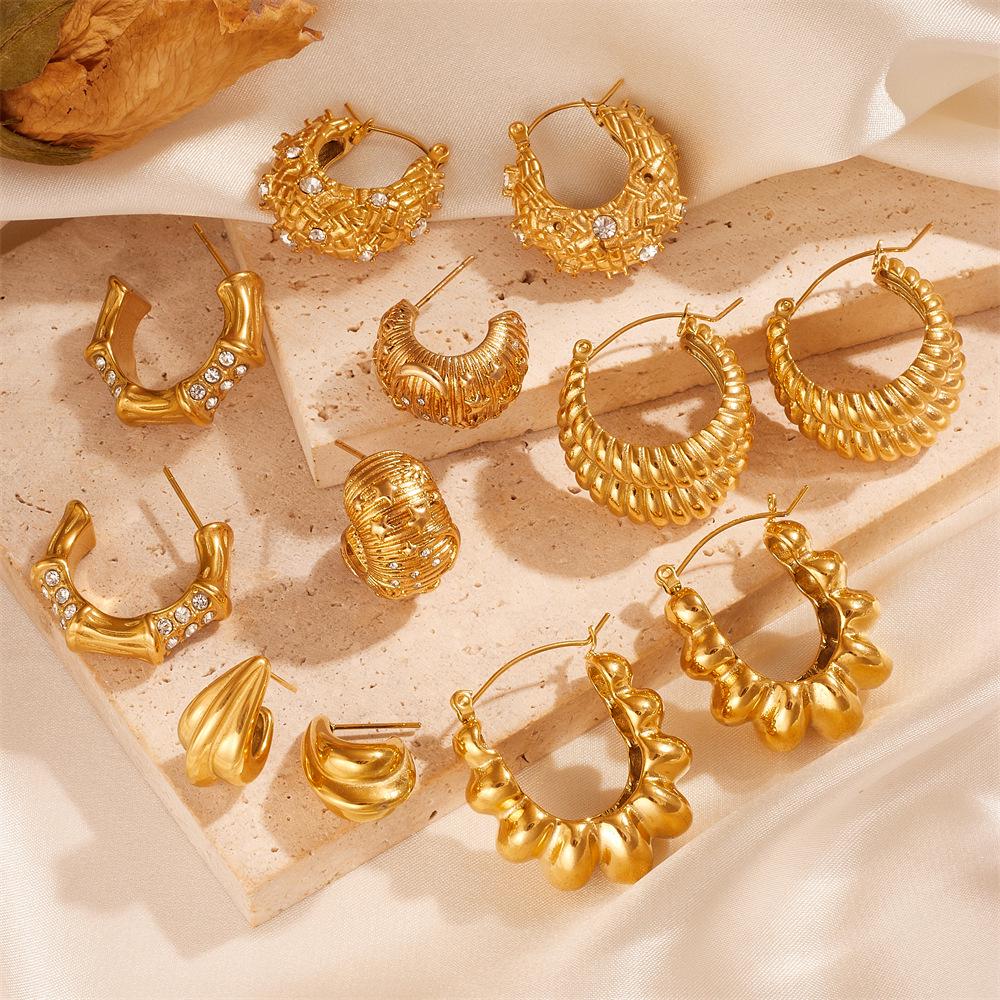 Trendy Titanium Steel Geometric Gold-Plated Earrings with Cubic Zirconia Ovals