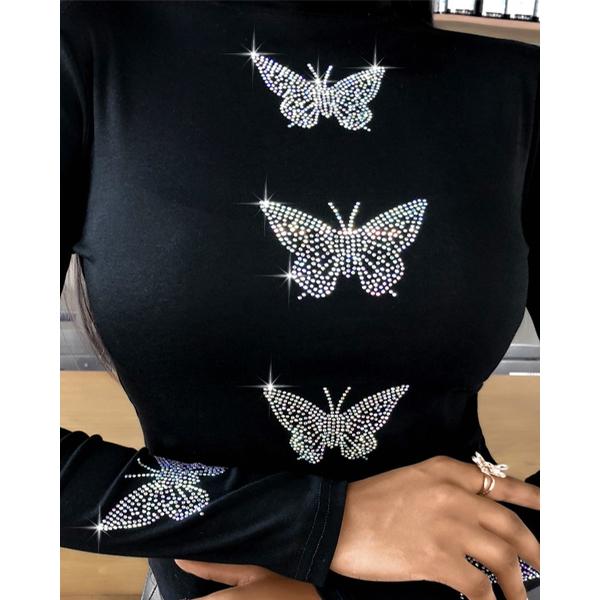 Womens Blouse Femme Butterfly Pattern Studded Long Sleeve Tops Plus Size